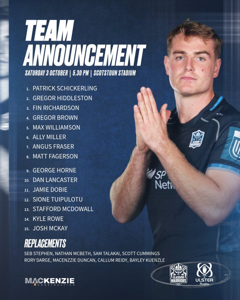 Glasgow team-sheet to face Ulster 03/10/2026
