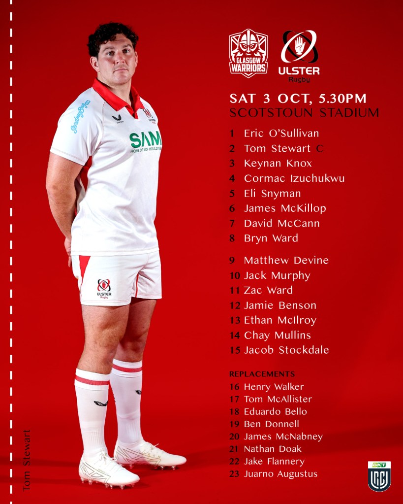 Ulster team sheet to face Glasgow 03/10/2026